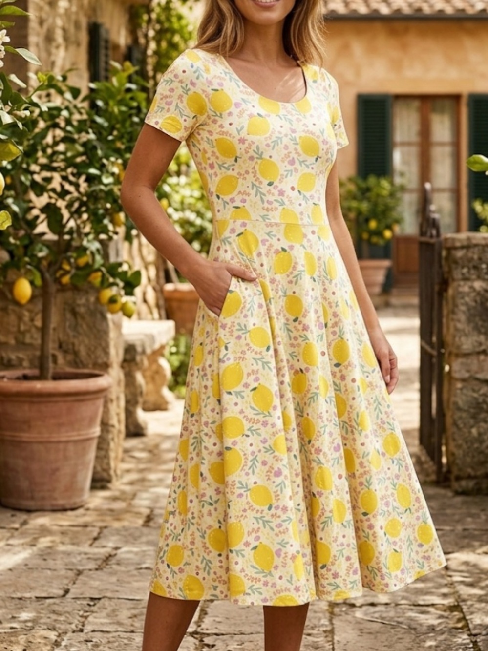 ELESTORY Lemon Print Midi Dress with Pockets - Organic Cotton - XS